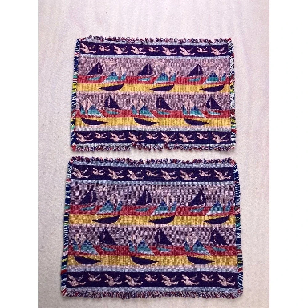 Vintage Woven Sailboat Placemats Set of 2 Unisex OS Multicolor‎ Excellent Fringe